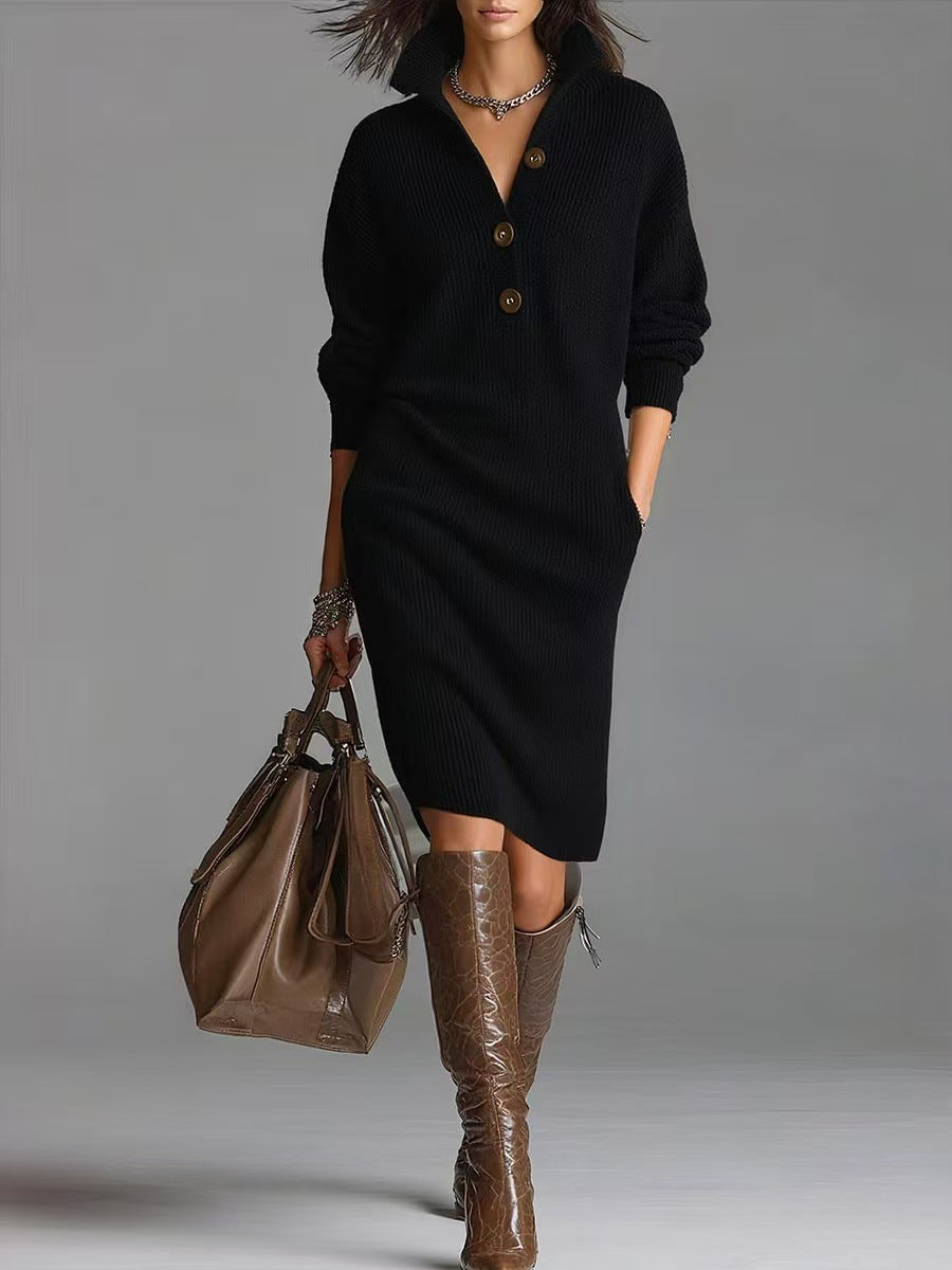 Women's Long-Sleeve V-Neck Sweater Dress With Button Collar