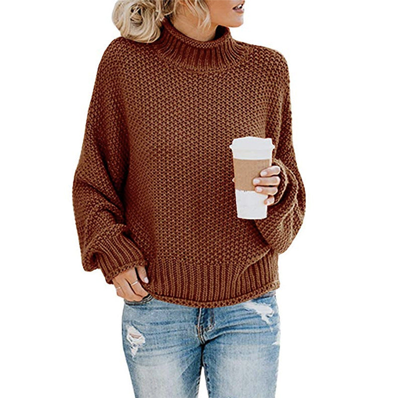 Women's Solid Turtleneck Pullover Jumper In Thick Acrylic Knit