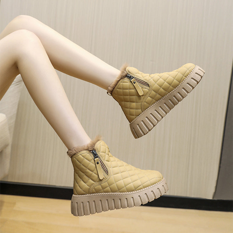 Plaid platform ankle boots with plush lining and side zip