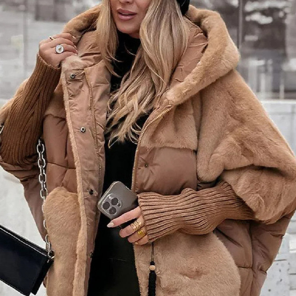 Women's Loose Cotton Coat With Faux Fur Patchwork And Hood