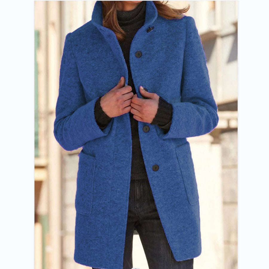 Woman wearing stand collar wool-look coat