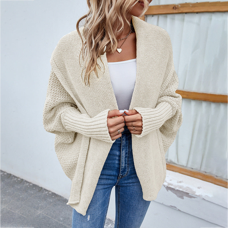 Women's Loose Knitted Cardigan With Bat Sleeves And Large Lapel