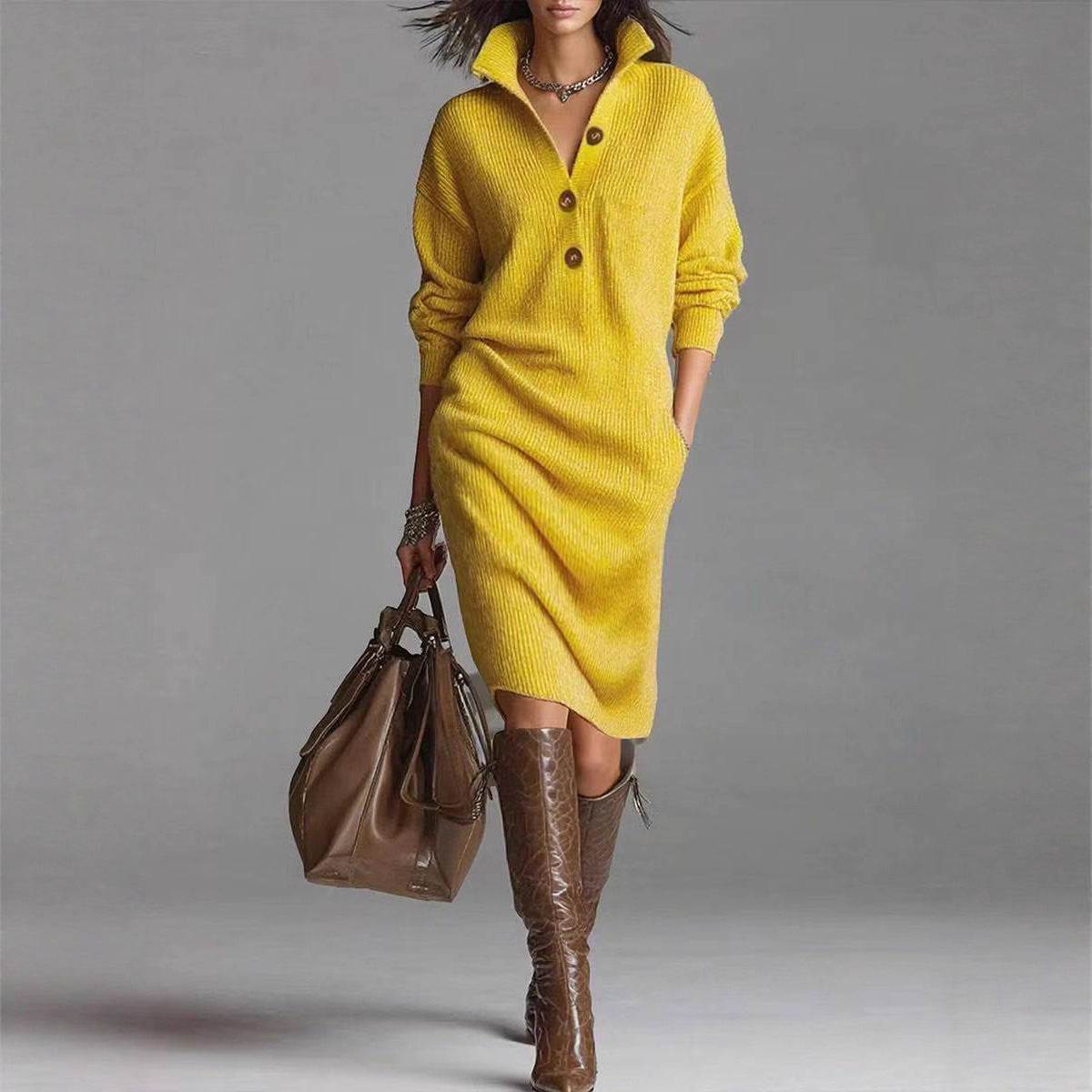 Women's Long-Sleeve V-Neck Sweater Dress With Button Collar