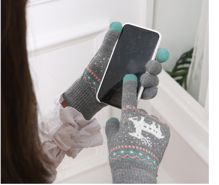 Women's Knitted Touch Screen Gloves With Deer And Snowflake Design