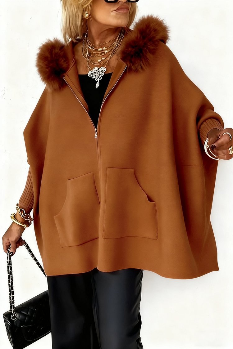 Women's Plush Hooded Zip-Up Cardigan With Pockets, Batwing Sleeve
