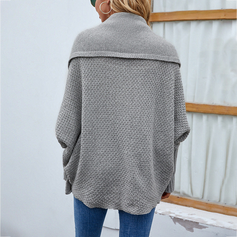 Women's Loose Knitted Cardigan With Bat Sleeves And Large Lapel