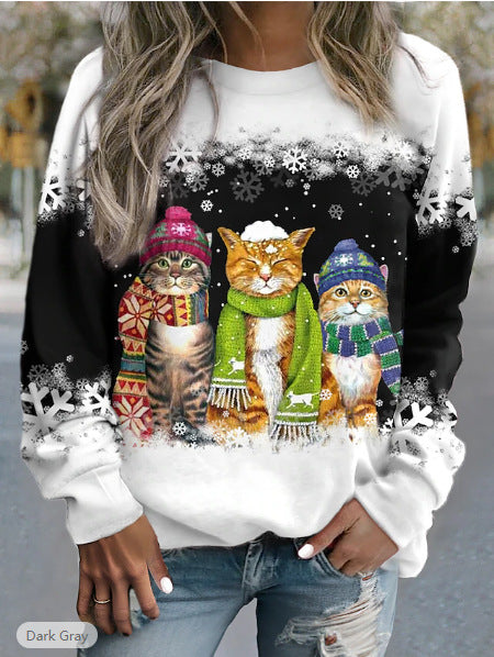 Women's Christmas top with snowman and cat print, relaxed fit