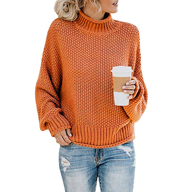Women's Solid Turtleneck Pullover Jumper In Thick Acrylic Knit