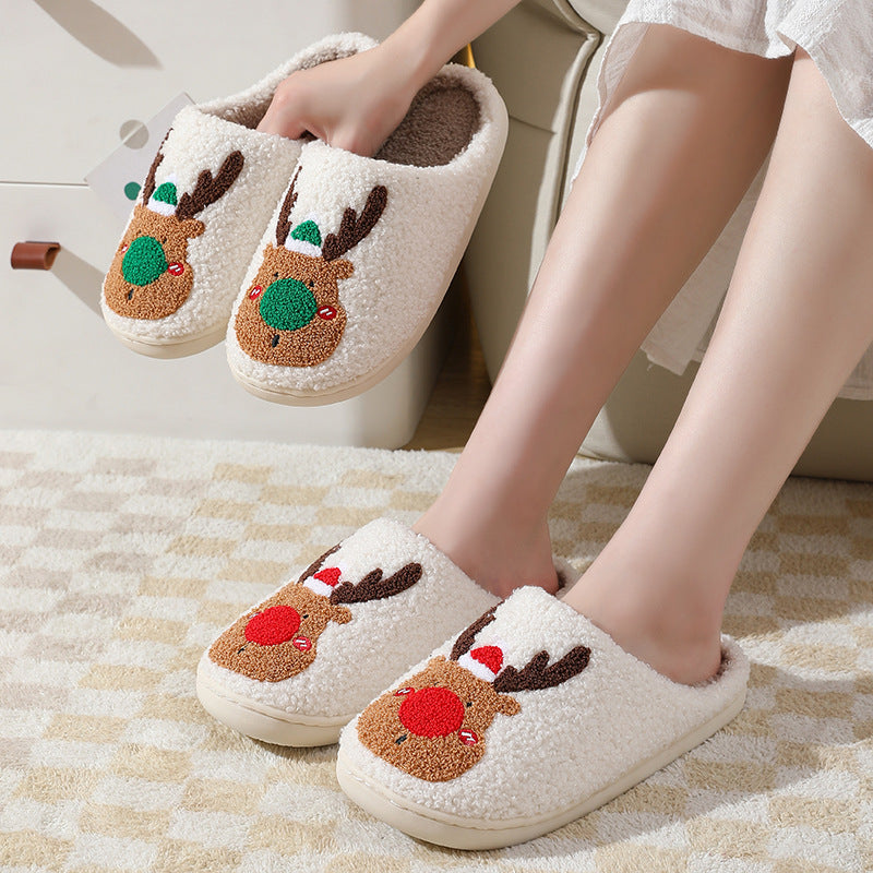 Christmas Elk Plush Slip-On Slippers, Cosy Bedroom Shoes