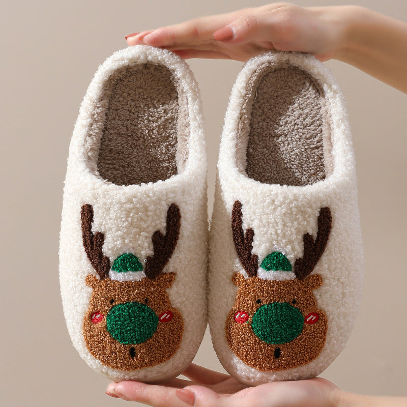 Christmas Elk Plush Slip-On Slippers, Cosy Bedroom Shoes