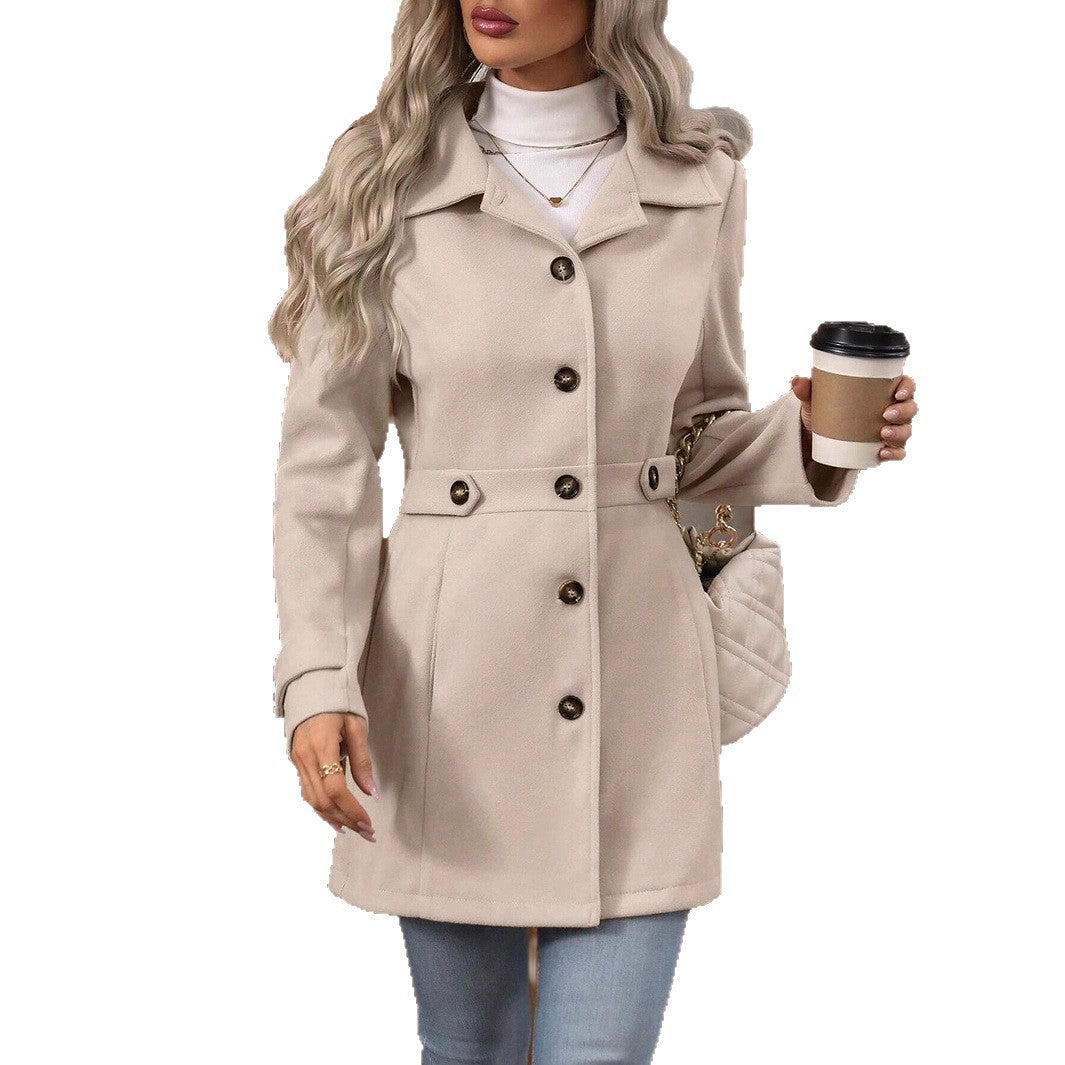 Women's Elegant Single-Breasted Woollen Coat With Lapel