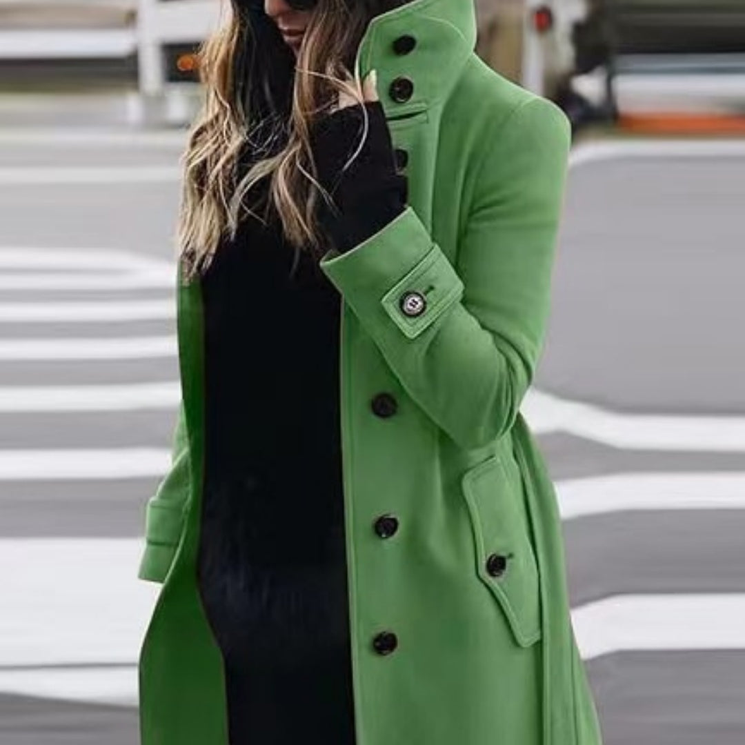 Women's Slim Fit Woollen Coat With Stand Collar, Single-Breasted