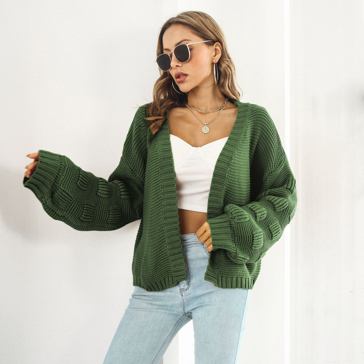 Cropped chunky cardigan with puff sleeves