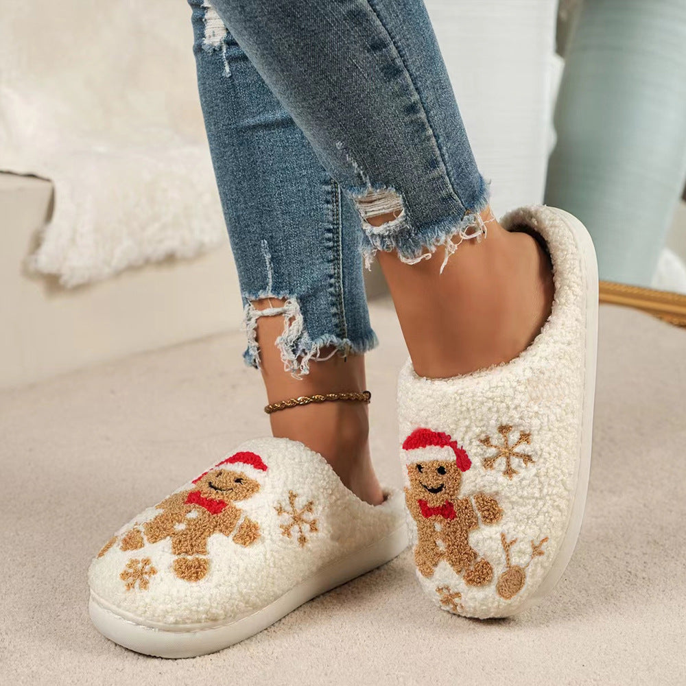 Christmas Gingerbread Man Fuzzy Slippers With Snowflake Design
