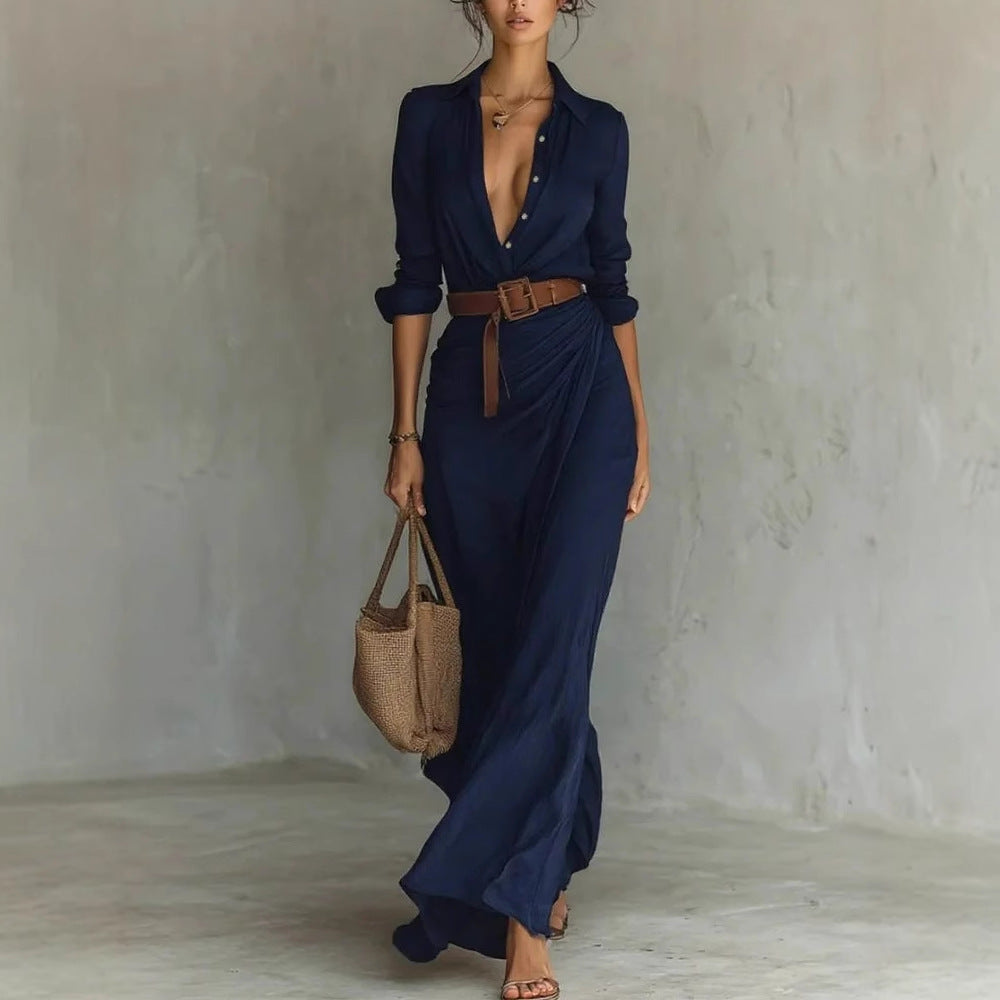 Belted shirt dress with long sleeves and asymmetric midi hem