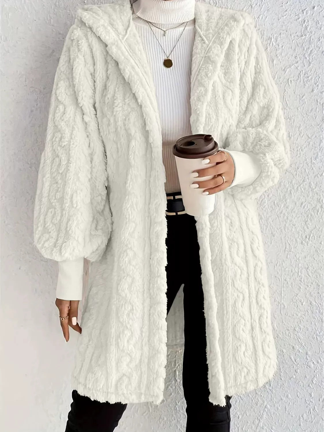 Women's Hooded Double-Sided Plush Long Coat With Cuff Thread
