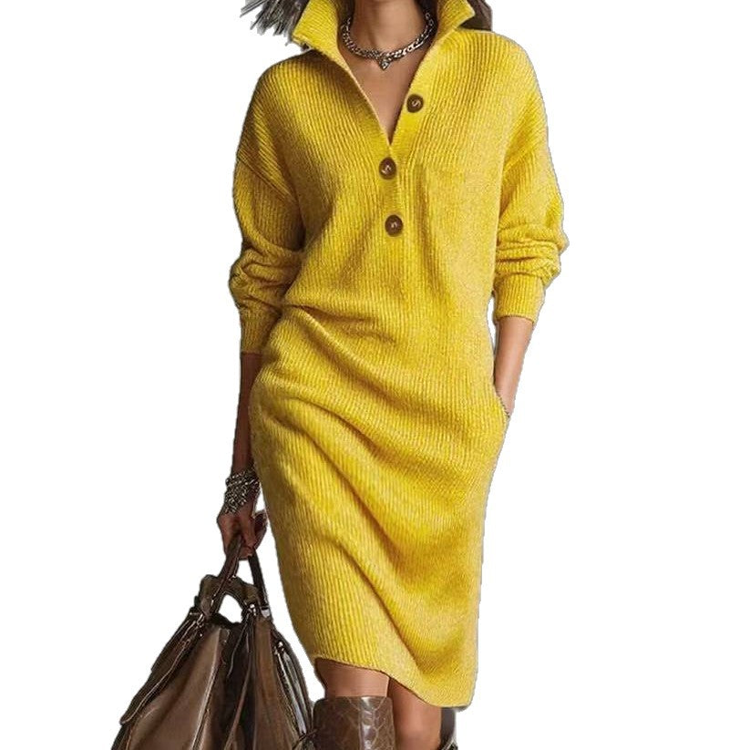 Women's Long-Sleeve V-Neck Sweater Dress With Button Collar