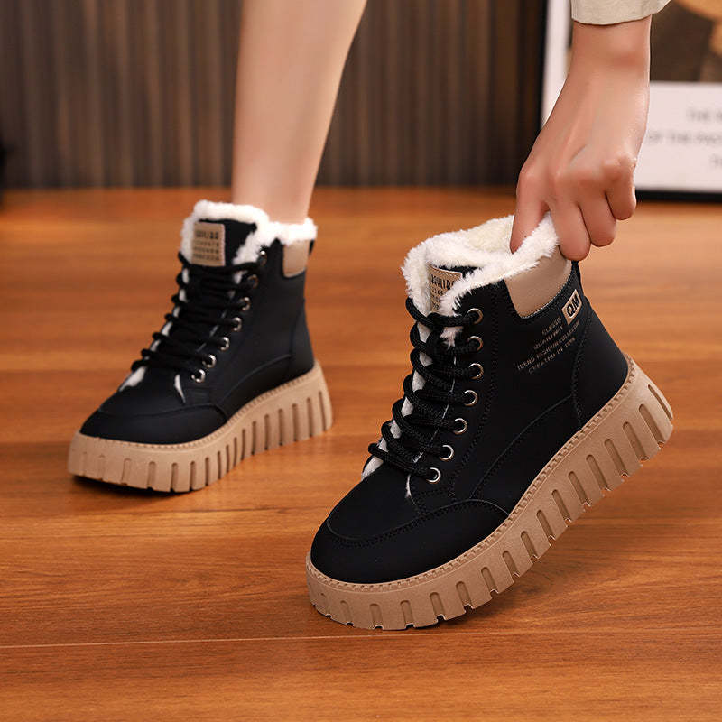 Lace-Up Fleece Snow Boots For Women, Ankle Style With Chunky Sole