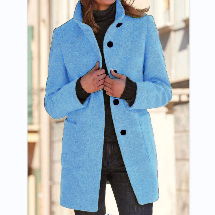 Woman wearing stand collar wool-look coat