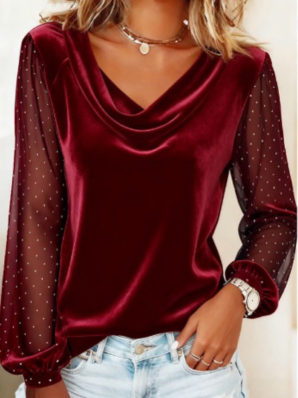 Velvet V-neck top with sparkly mesh sleeves for parties