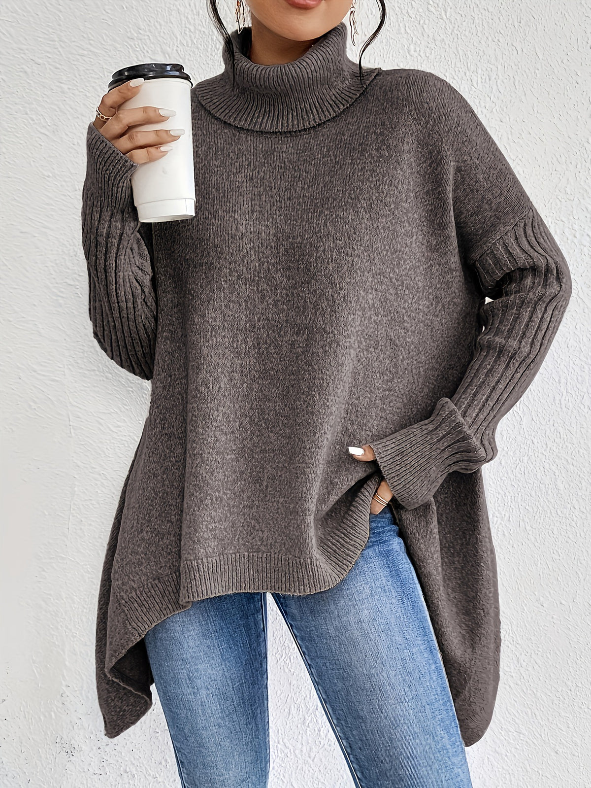 Irregular Hem Turtleneck Jumper For Women, Loose Knitted