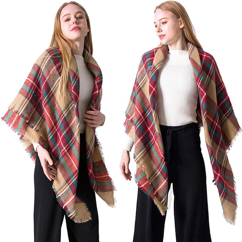Oversized Tartan Blanket Scarf With Tassels, 59 x 59 Inch