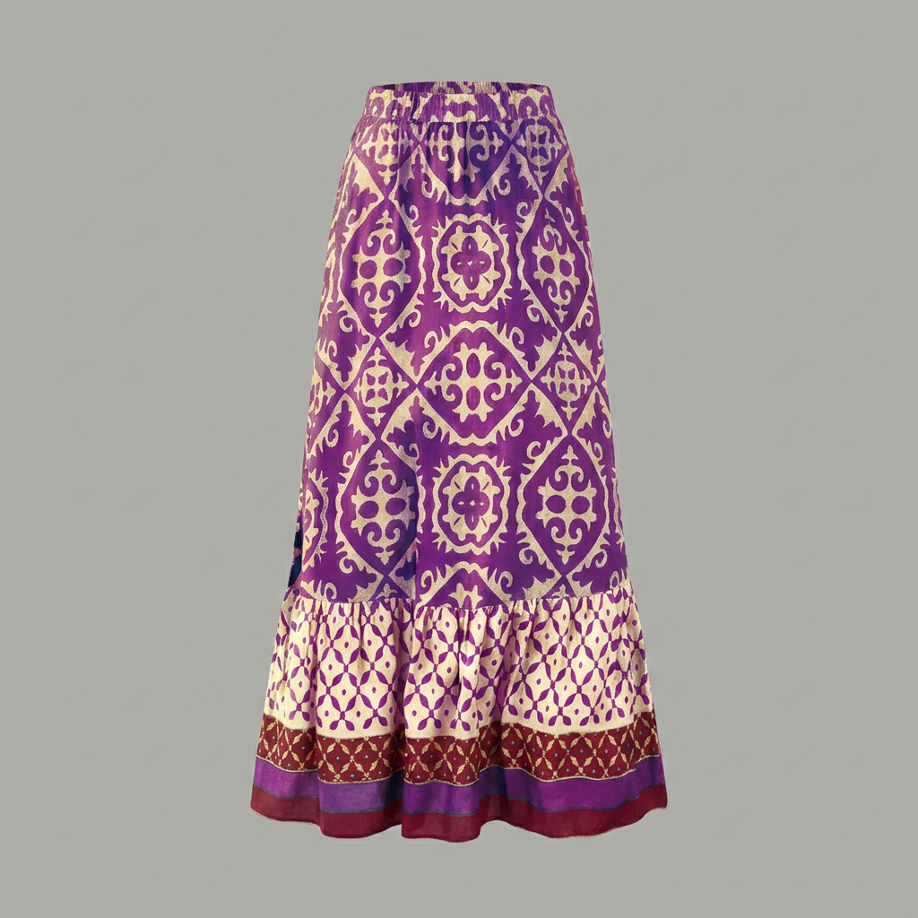 Women’s Printed Maxi Skirt with Elastic Waist and Tiered Design