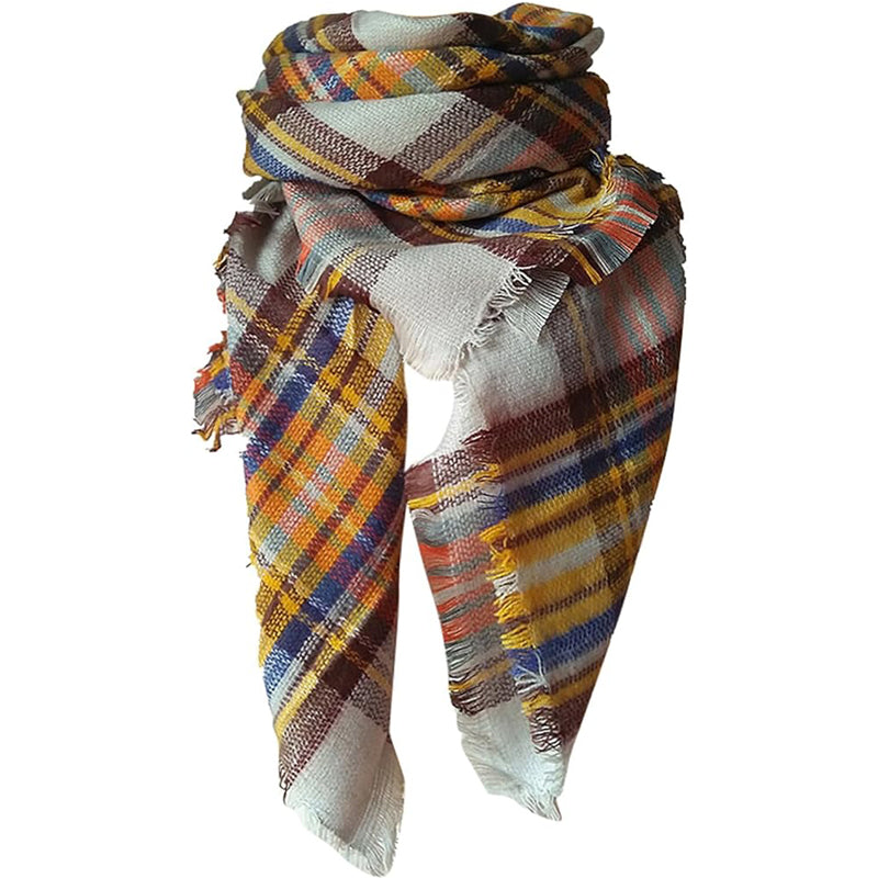 Yellow And Blue Tartan Blanket Scarf With Tassels, Oversized