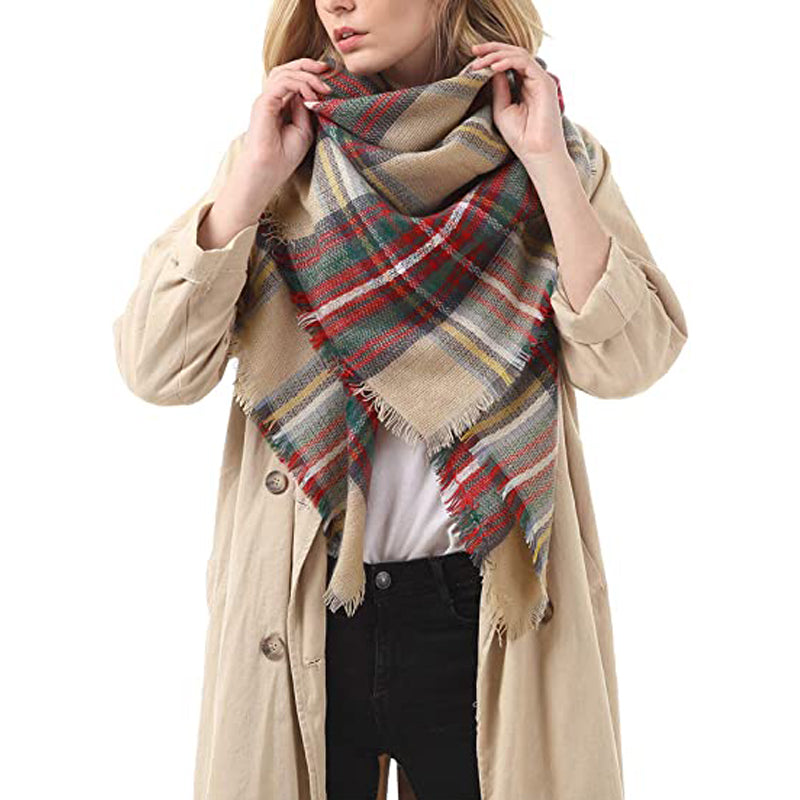 Oversized Tartan Blanket Scarf With Tassels, 59 x 59 Inch