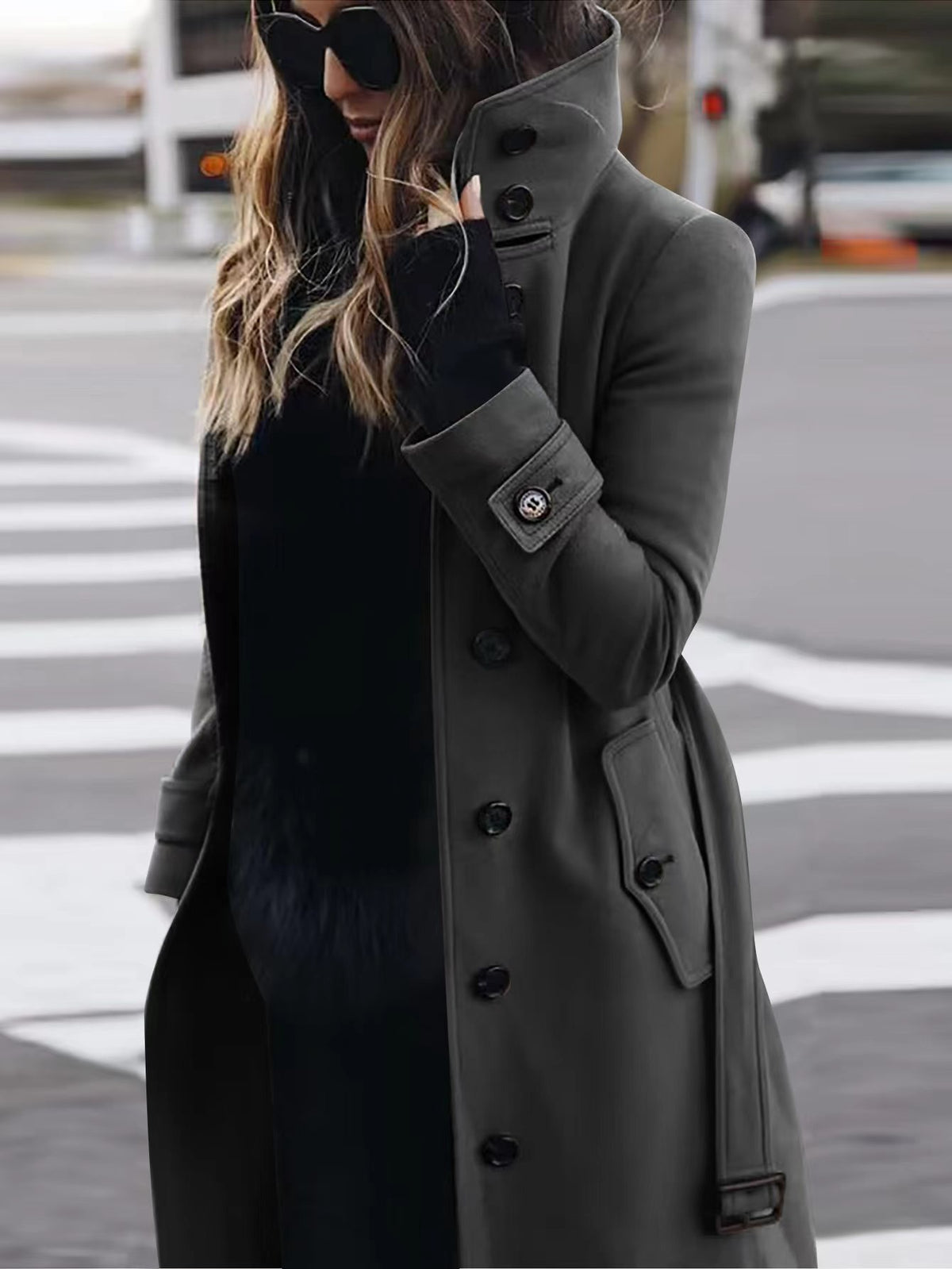 Women's Slim Fit Woollen Coat With Stand Collar, Single-Breasted