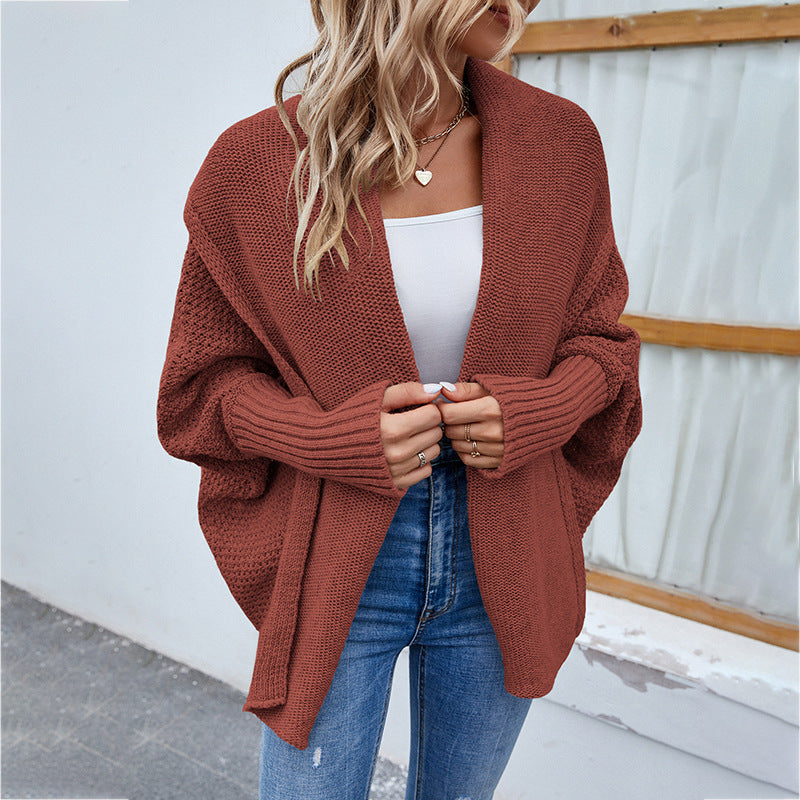 Women's Loose Knitted Cardigan With Bat Sleeves And Large Lapel