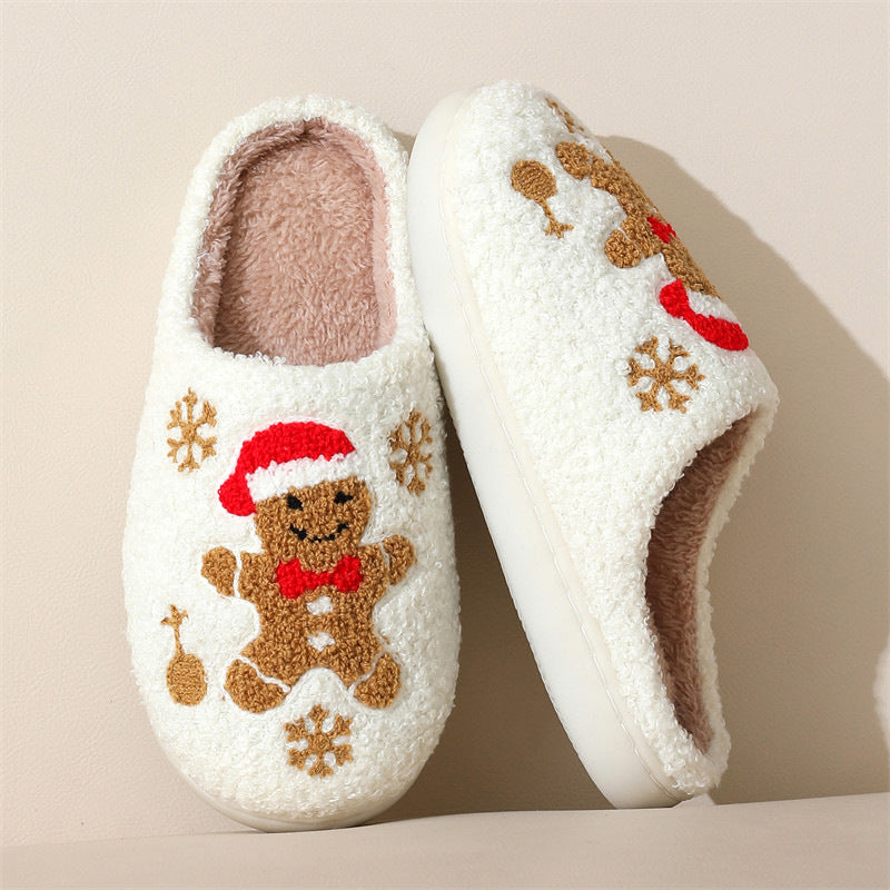 Christmas Gingerbread Man Fuzzy Slippers With Snowflake Design