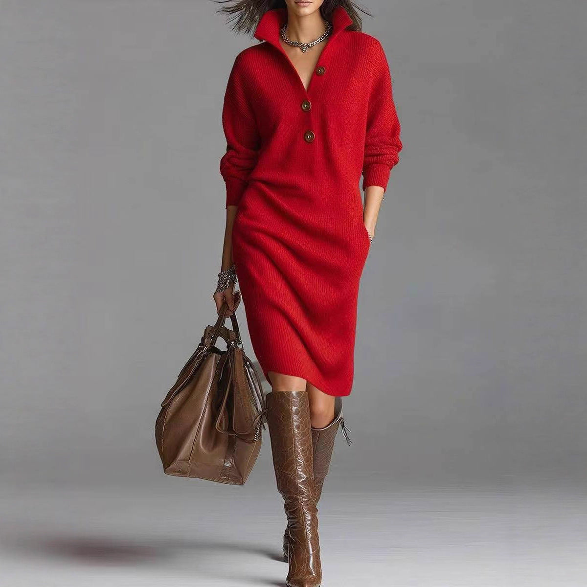 Women's Long-Sleeve V-Neck Sweater Dress With Button Collar