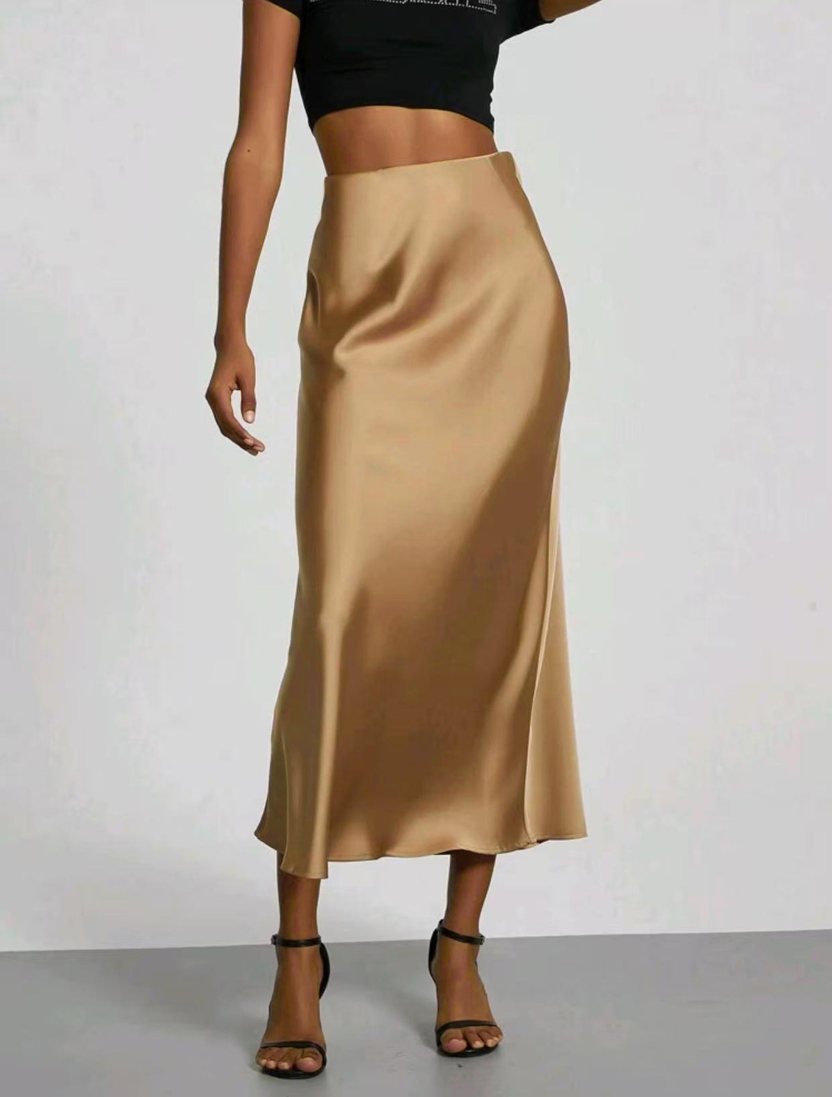 Women's satin midi skirt, sleek slim fit in 10 colours