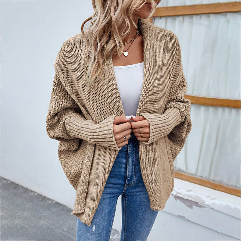 Women's Loose Knitted Cardigan With Bat Sleeves And Large Lapel