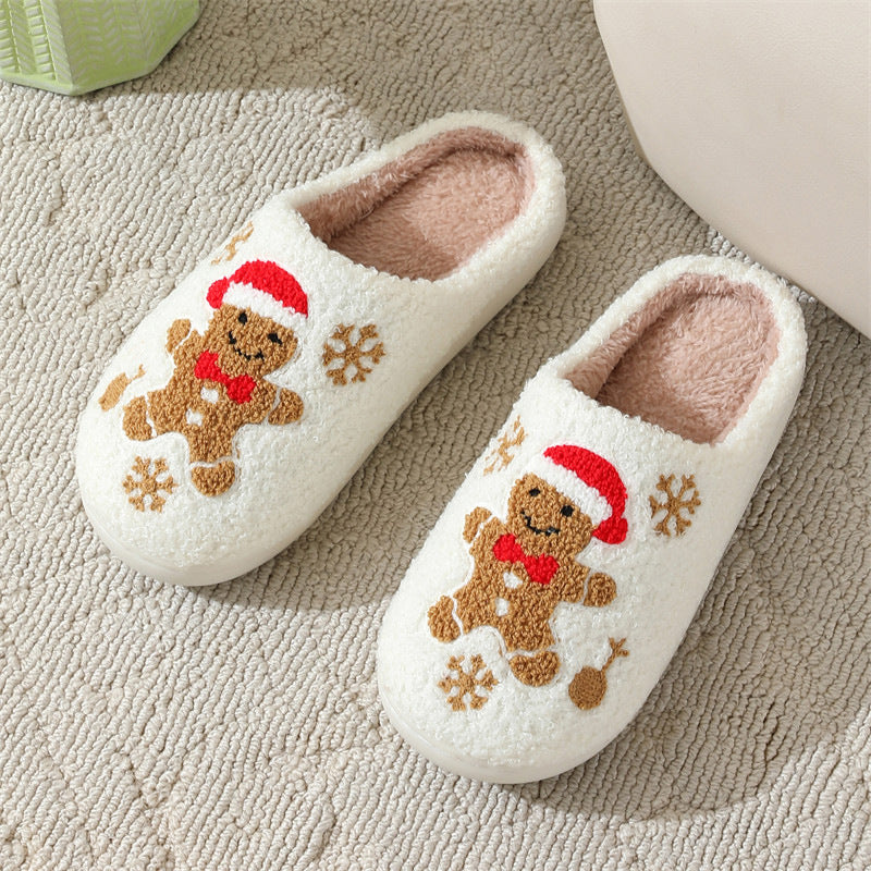Christmas Gingerbread Man Fuzzy Slippers With Snowflake Design