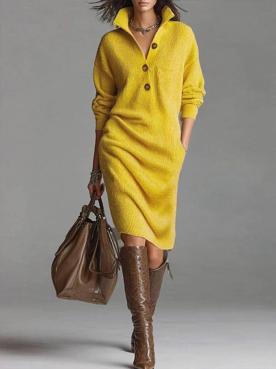 Women's Long-Sleeve V-Neck Sweater Dress With Button Collar