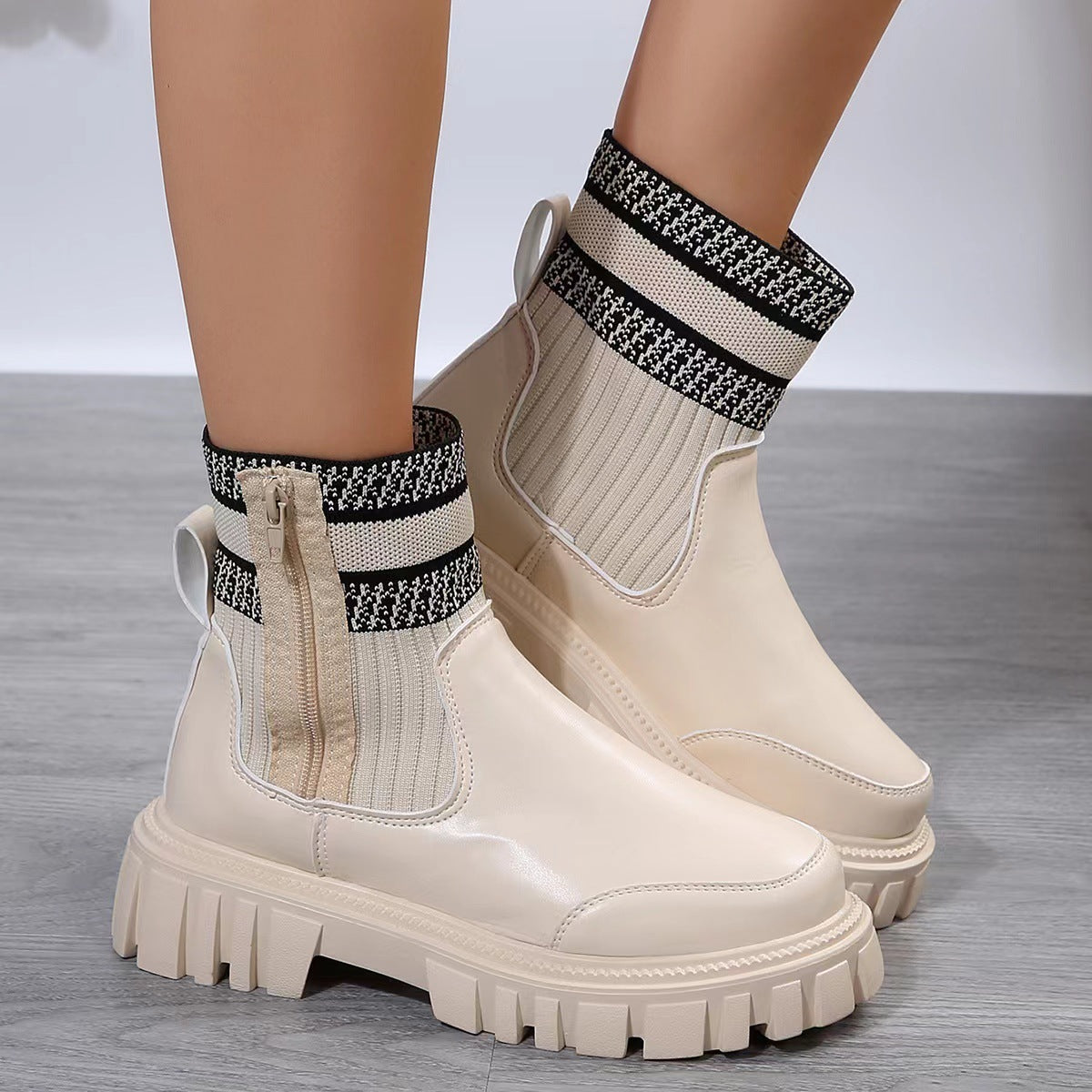 Mid-calf boots with a knit panel, side zip and chunky non-slip sole