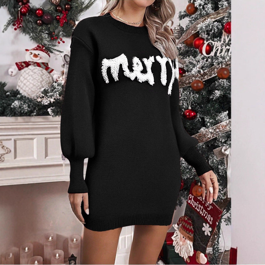 Women's Christmas Knitted Jumper Dress With Lantern Sleeves