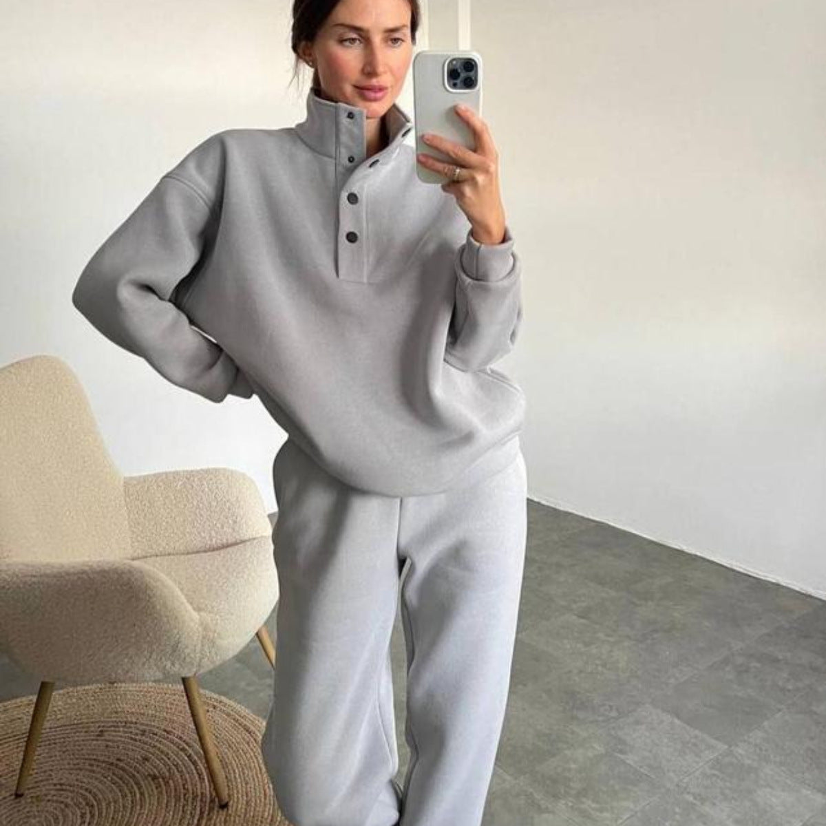 Woman in oversized fleece lounge set