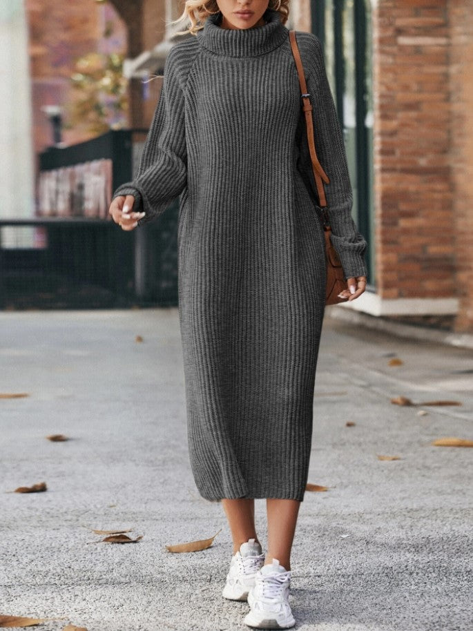 Woman in a long roll neck jumper dress