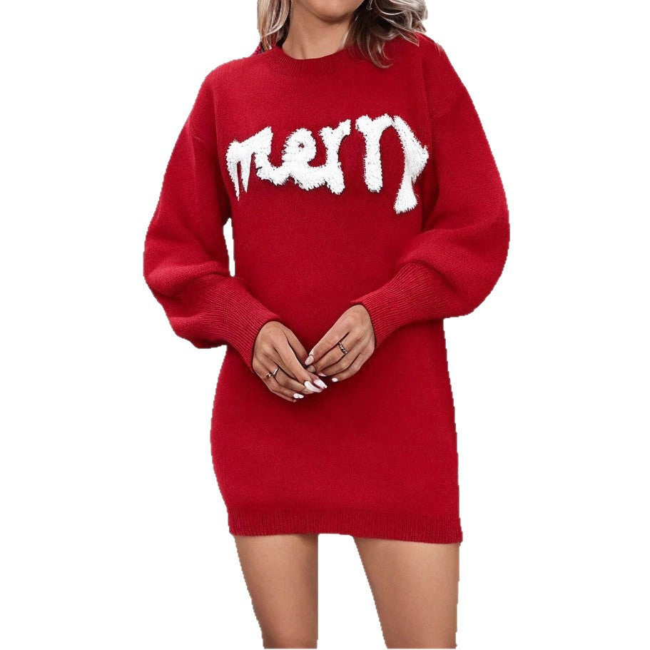 Women's Christmas Knitted Jumper Dress With Lantern Sleeves