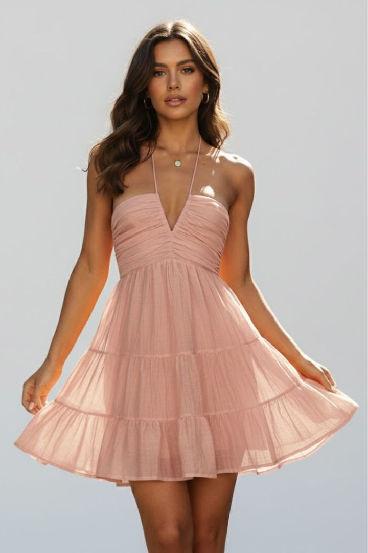 Women’s Halter Mini Dress with Tiered Ruffle Skirt