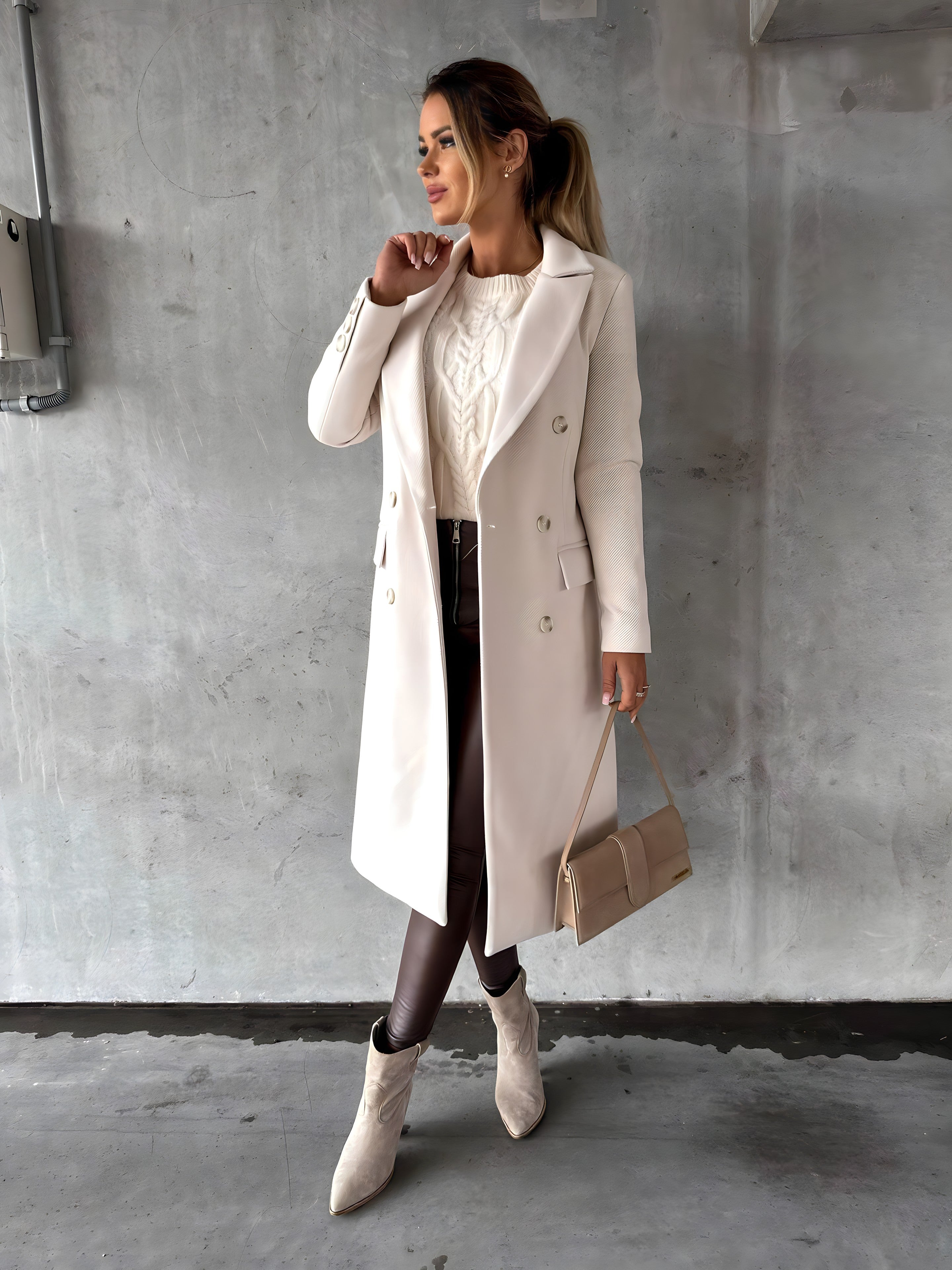 Women's Double-Breasted Long Coat with Wide Lapels