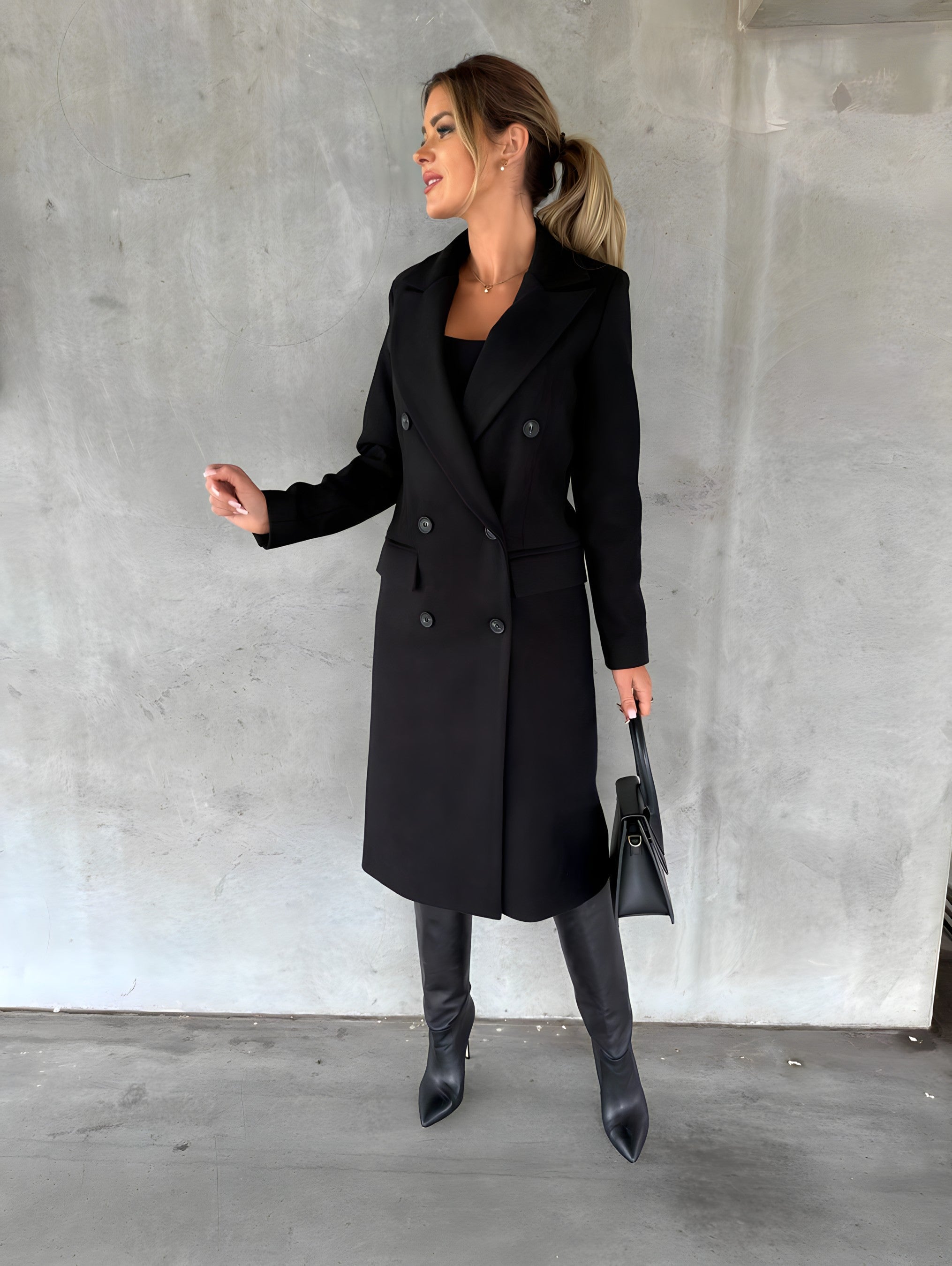 Women's Double-Breasted Long Coat with Wide Lapels