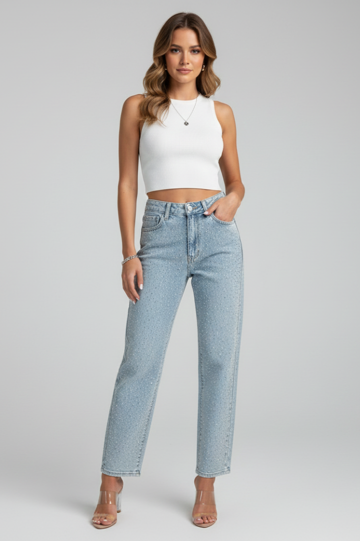 Women’s Jeans with High Waist and Shimmer Surface