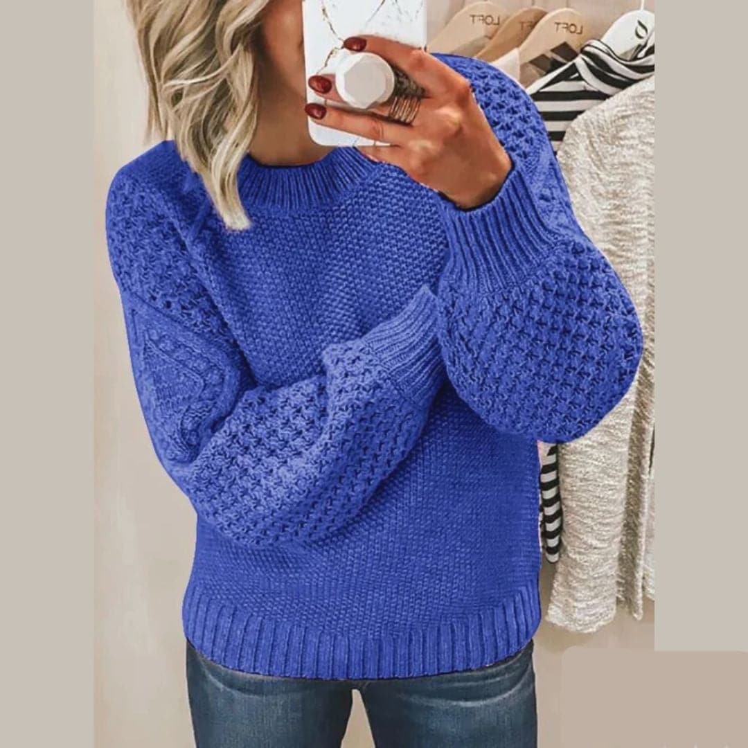 Women's Cable-Knit Balloon Sleeve Jumper with Ribbed Hem