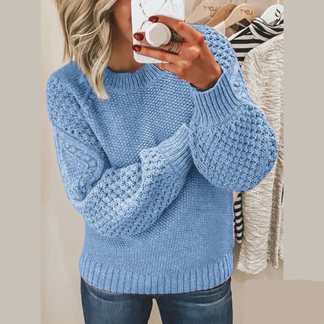 Women's Cable-Knit Balloon Sleeve Jumper with Ribbed Hem
