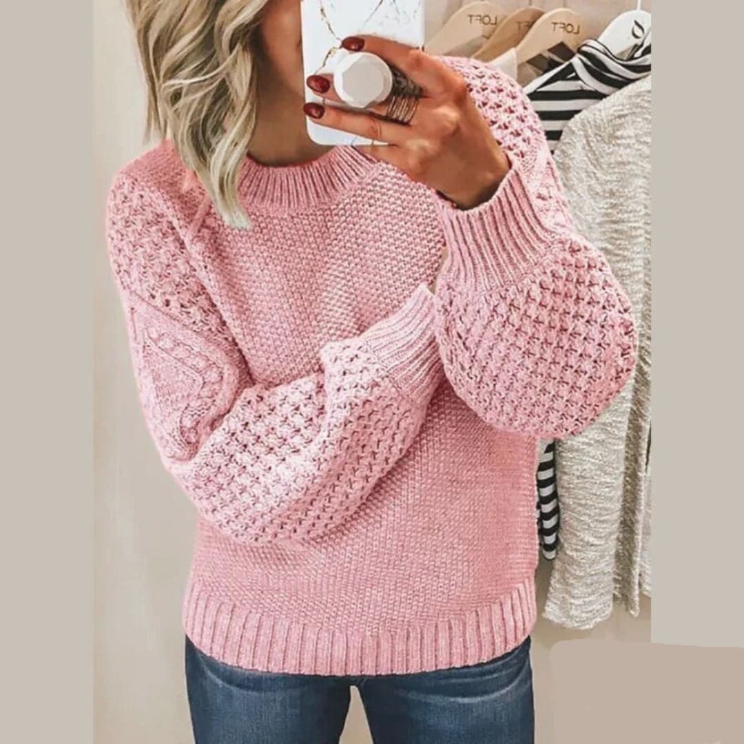 Women's Cable-Knit Balloon Sleeve Jumper with Ribbed Hem