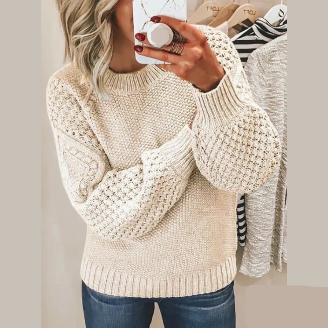 Women's Cable-Knit Balloon Sleeve Jumper with Ribbed Hem